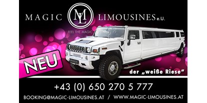 Hochzeitsauto-Vermietung - Antrieb: Benzin - Unser neueste Limousine "der weiße Riese" Hummer Limousine komplett in weiß - HUMMER Limousine von Magic Limousines