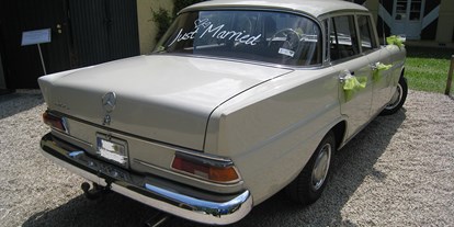Hochzeitsauto-Vermietung - Farbe: Beige - Niederrhein - Heckansicht des Mercedes "Heckflosse" 200 - Mercedes Heckflosse 200 - Der Oldtimerfahrer