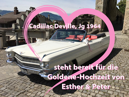 Hochzeitsauto-Vermietung - Art des Fahrzeugs: Oldtimer - PLZ 8123 (Schweiz) - Geschenk-Gutscheine sind beliebt. - Oldtimer-Traumfahrt - Cadillac Deville Cabriolet, Jg. 1964