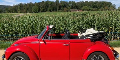 Hochzeitsauto-Vermietung - Einzugsgebiet: regional - Rheinfelden (Landkreis Lörrach) - Das Cabriolet für 5 Personen inkl Stereoanlage mit Bluetooth und Radio DAB - VW Käfer Cabriolet rot