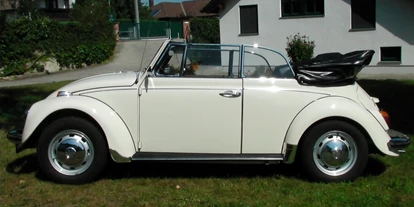 Hochzeitsauto-Vermietung - Einzugsgebiet: national - Wien-Stadt - VW Käfer Cabrio Karmann Baujahr 1967 in weiss für Ihre Traumhochzeit - VW Käfer Karmann Cabrio von Handel & Vermietung Schratzenthaller e.U.