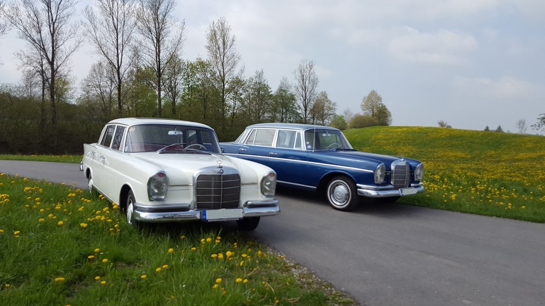 Hochzeitsauto: Die Mercedes "Heckflosse" vermieten wir in blau und weiß am Bodensee und im Allgäu. - Tolle OIdtimer Hochzeitsautos mieten am Bodensee