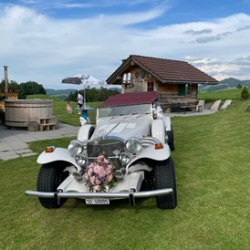 Hochzeitsauto: Auf der Wiese in Oberhelfenschwil - Oldtimer-Traumfahrt Excalibur