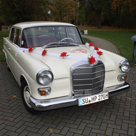 Hochzeitsauto: weiteres Beispiel für Standard Deko - Mercedes Heckflosse  - Ein Auto für Ihre Sternmomente