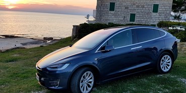 Hochzeitsauto-Vermietung - Antrieb: Elektrisch - unser Model X aus 2020 in Spacegray - Tesla Model X Long Range (2020) mit Flügeltüren